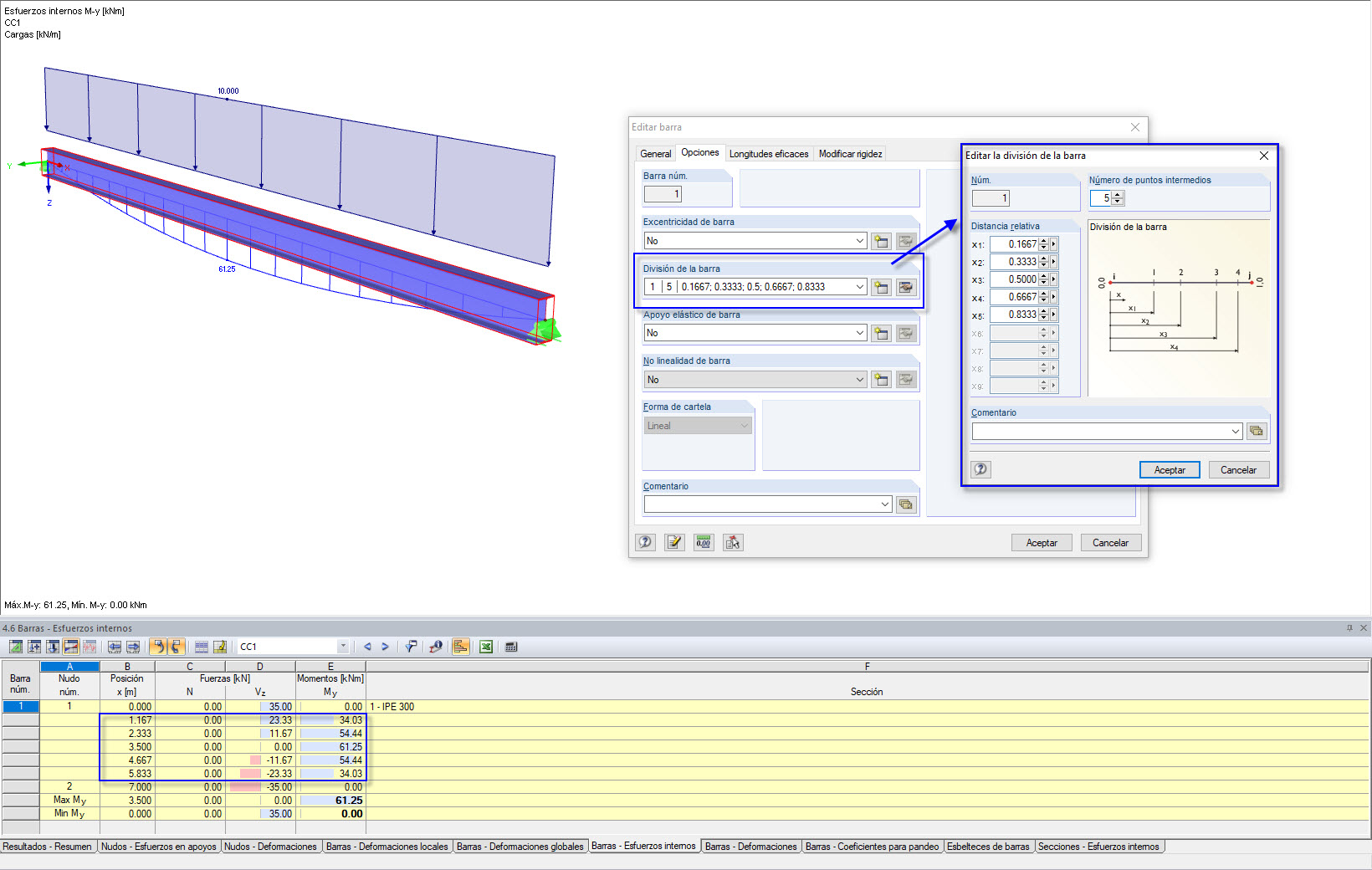 División de barras con cinco puntos intermedios
