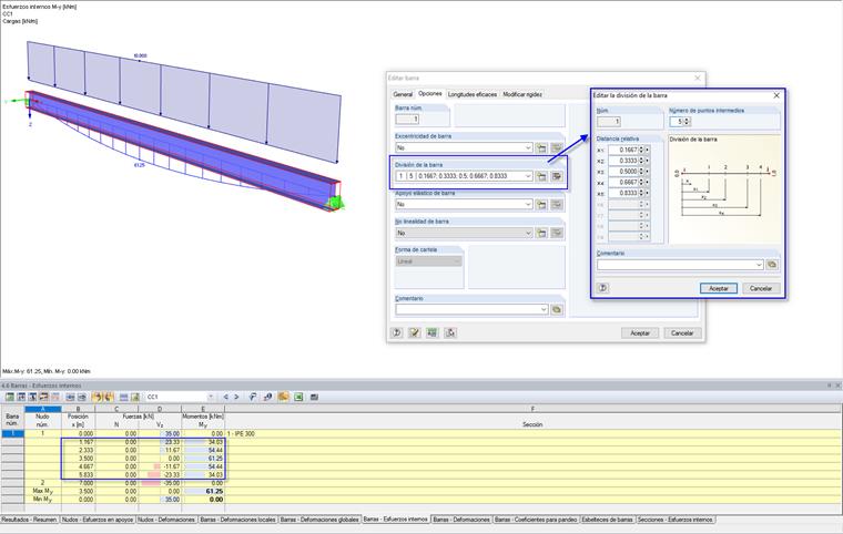 División de barras con cinco puntos intermedios