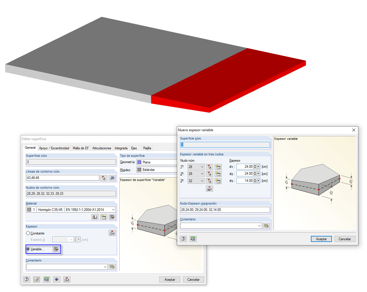Losa de sección variable con espesor linealmente variable