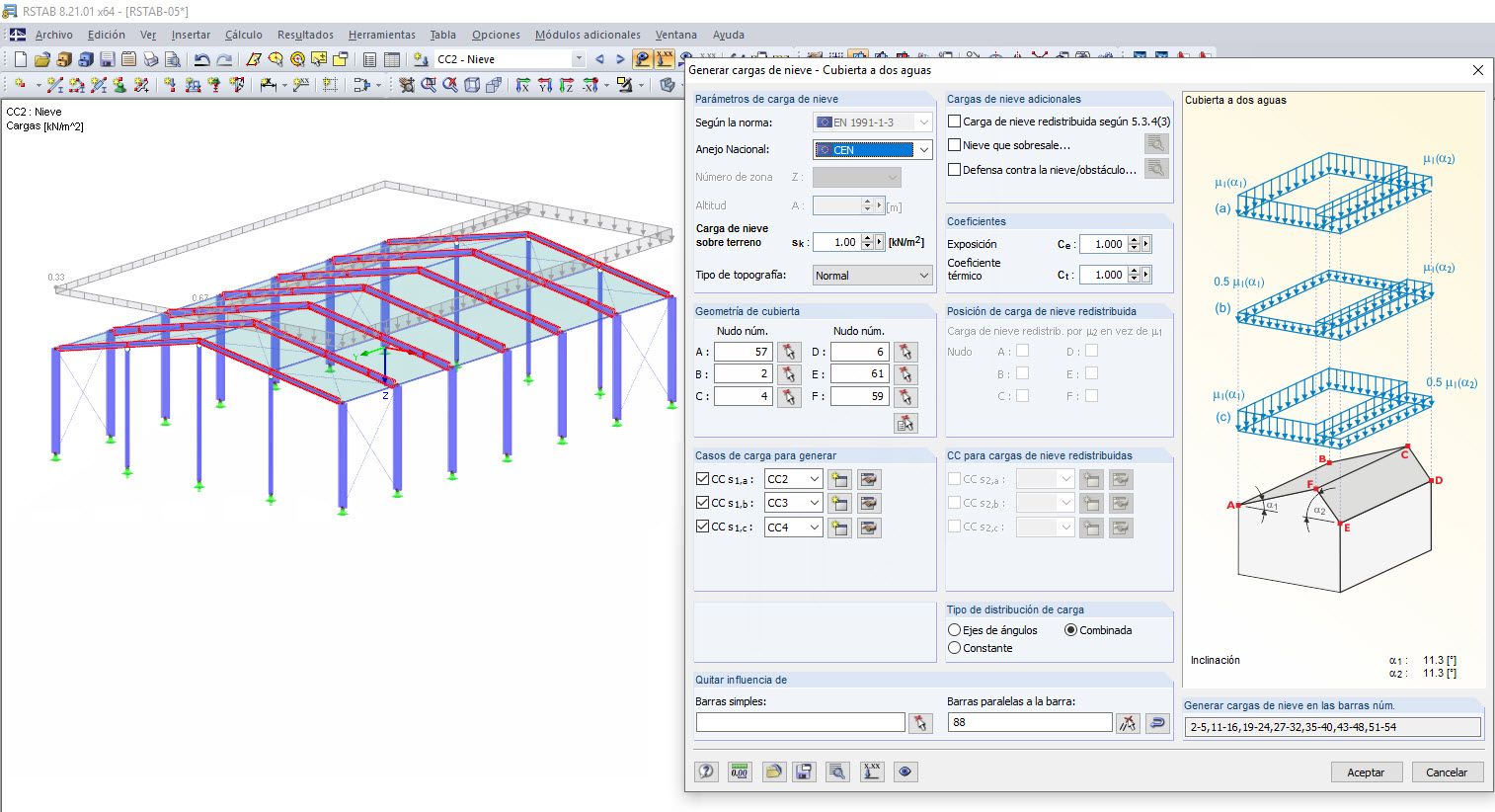 Generador de cargas "Generar cargas de nieve - Cubierta a dos aguas"