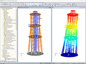 Modelo de la torre mirador (izquierda) y deformación (derecha) en RFEM (© Ingenieurbüro Braun GmbH & Co. KG)