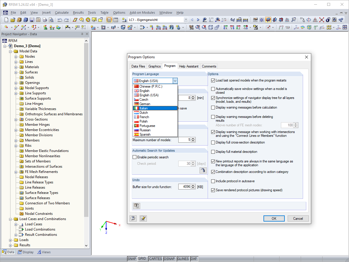 Configuración del idioma del programa