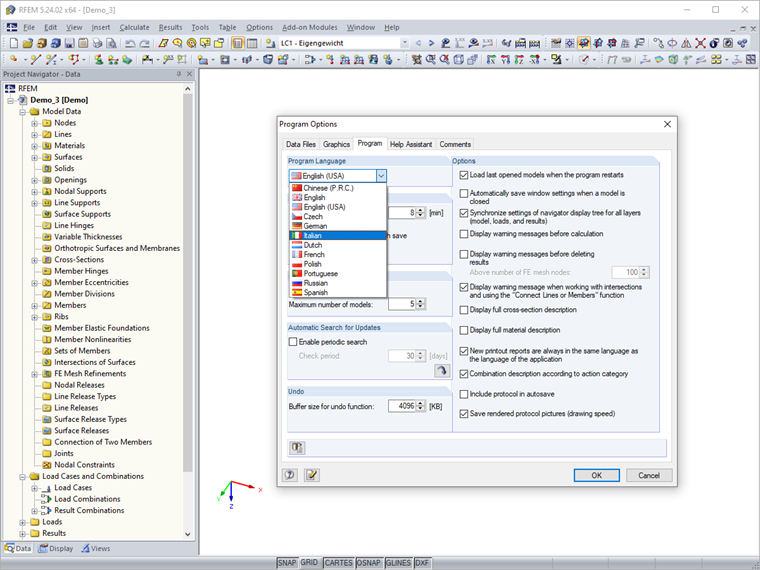 Configuración del idioma del programa
