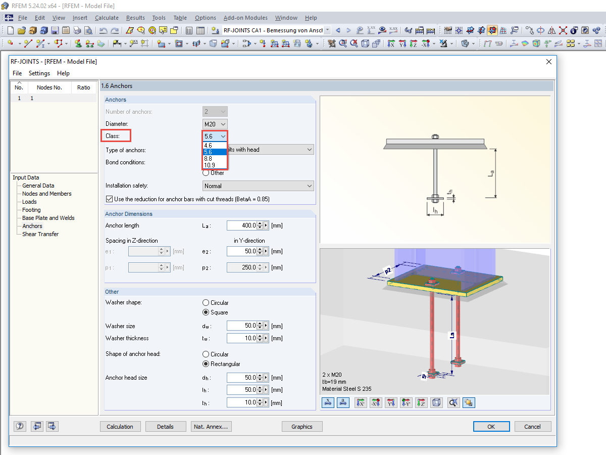 Clases de pernos de anclaje en RF-/JOINTS Steel – Column Base