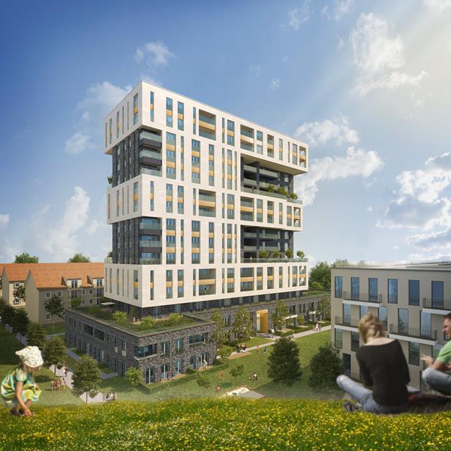 Representación del edificio residencial de gran altura | Vista 2 (© AS + P Albert Speer + Partner GmbH | Visualización: Architektur-Computergrafik B. C. Horvath)