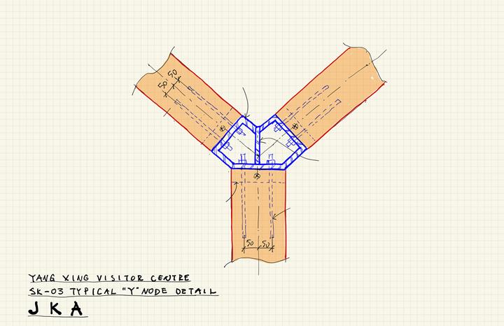 Boceto a mano de una conexión en forma de Y (© Jing Kong & Associates Consulting Structural Engineers Inc.)