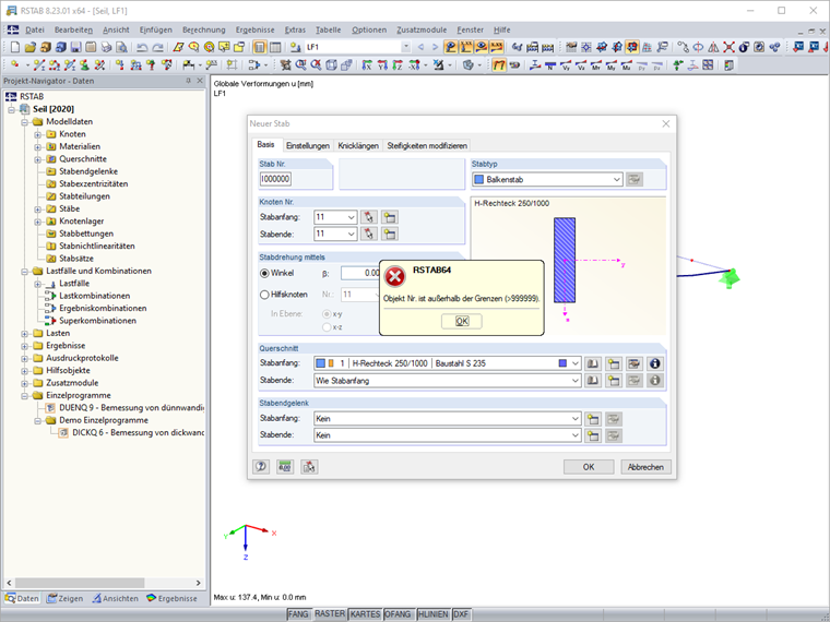Mensaje de error al exceder el número de barra