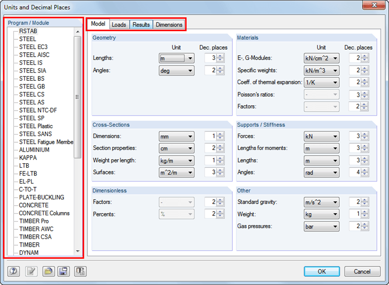 Cuadro de diálogo Unidades y decimales