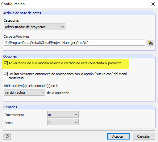 Cuadro de diálogo Administrador de proyectos "Opciones de programa"