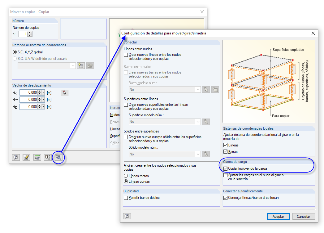 configuración de detalles para mover/girar/simetría