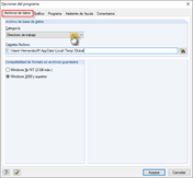Dialog "Programmoptionen": Ruta del directorio de trabajo