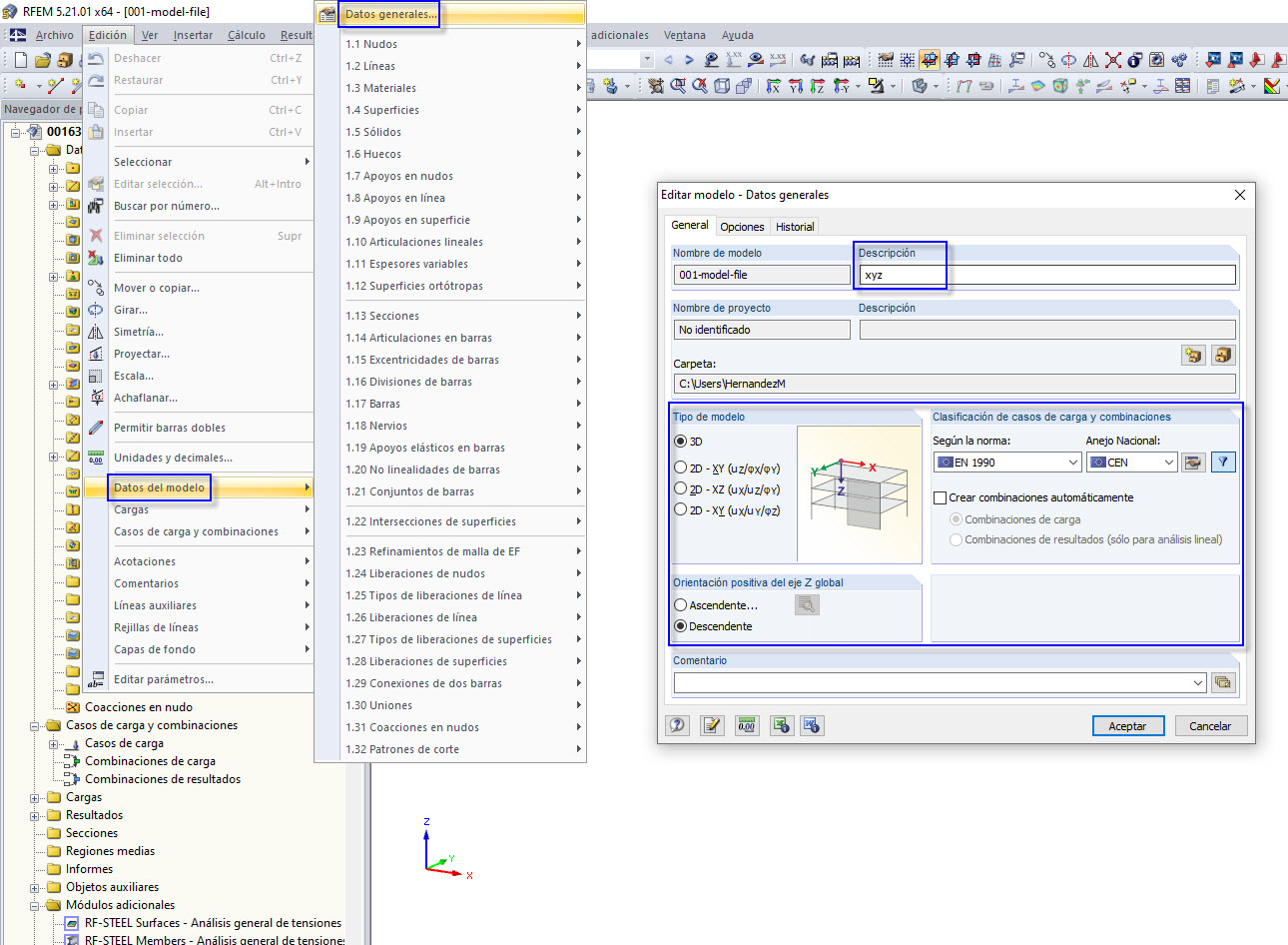 Datos generales del modelo mediante el menú de la barra