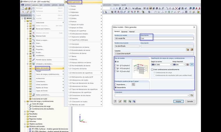 Datos generales del modelo mediante el menú de la barra