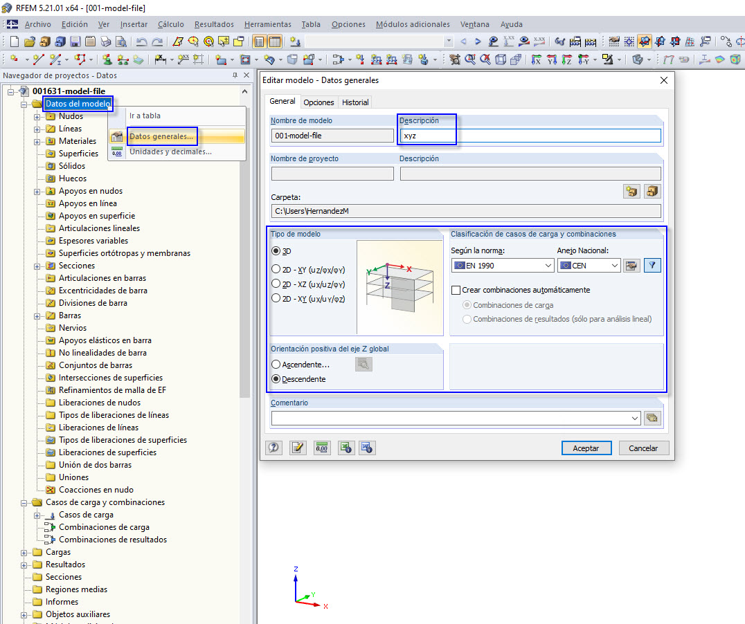 Datos generales del modelo mediante el navegador de datos