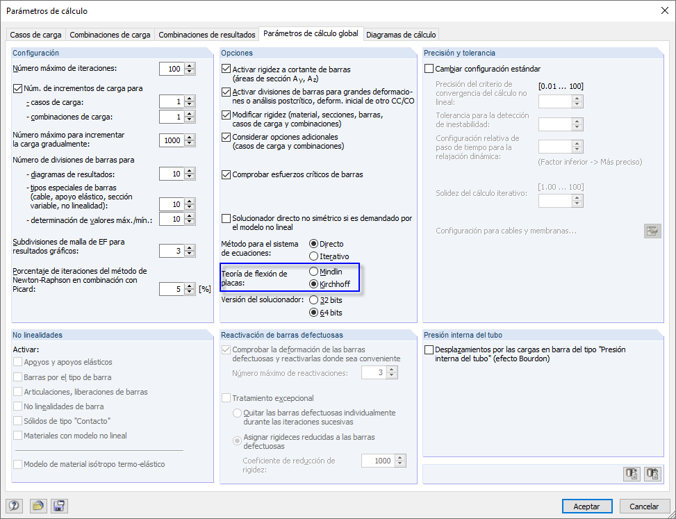 Especificación de la teoría de flexión de placa