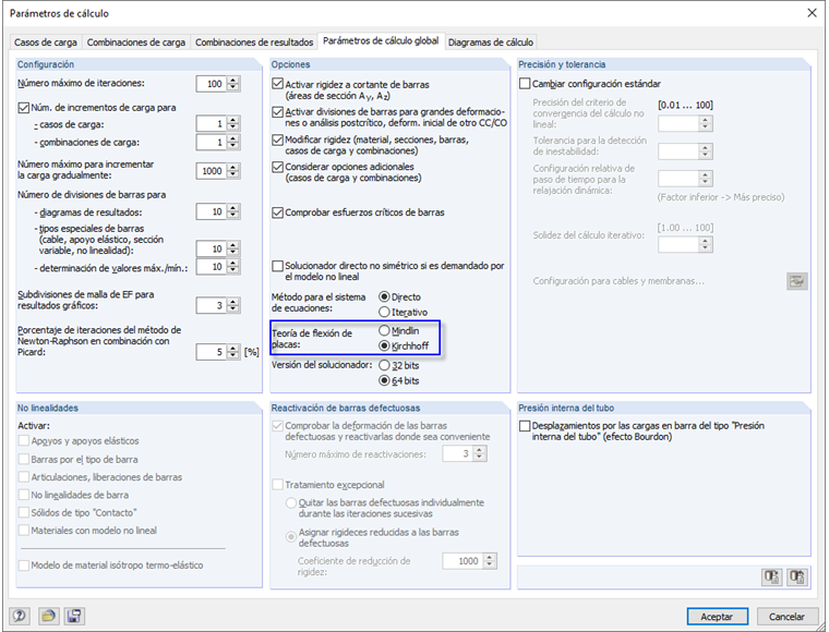 Especificación de la teoría de flexión de placa