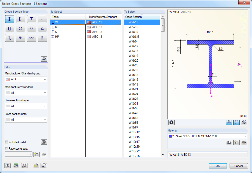 Ejemplos de secciones transversales estadounidenses
