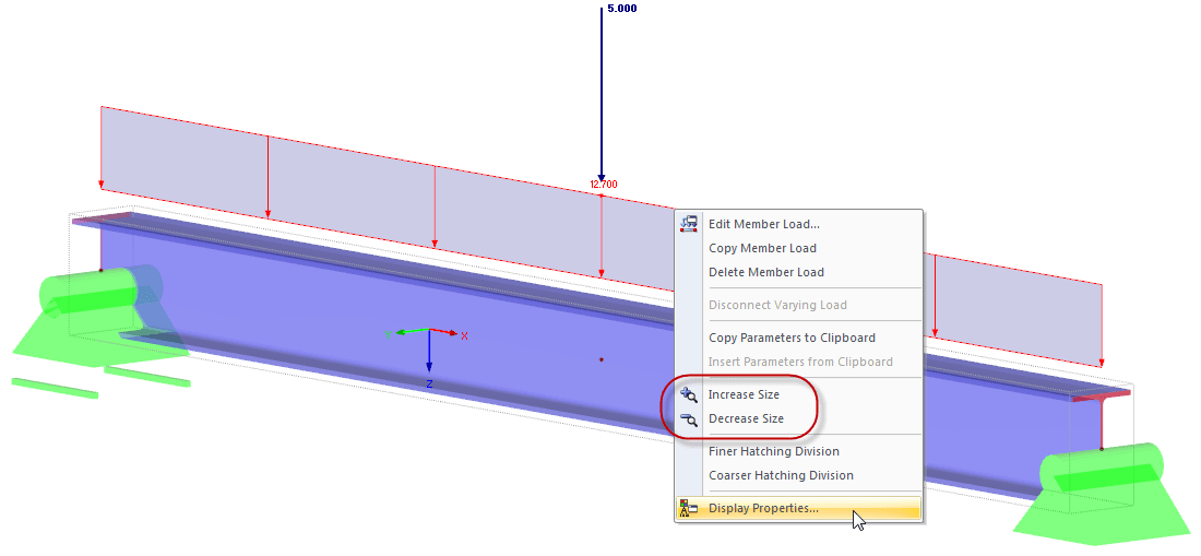 Menú contextual de la carga