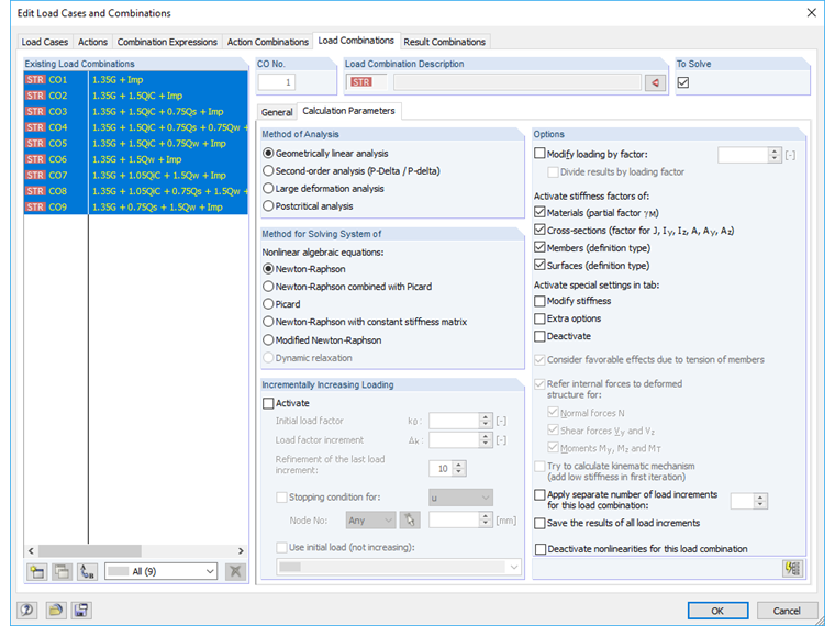 Cambio del método de análisis para combinaciones de carga seleccionadas