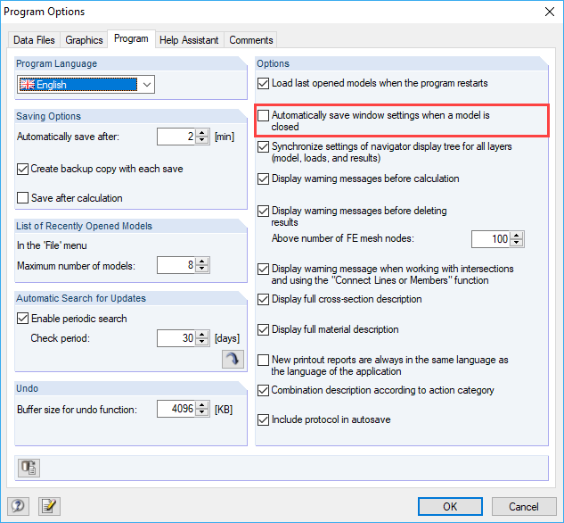 Desactivar la opción para guardar la configuración de la ventana