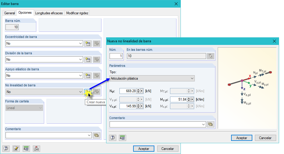 Definición de articulaciones plásticas como no linealidad en barras