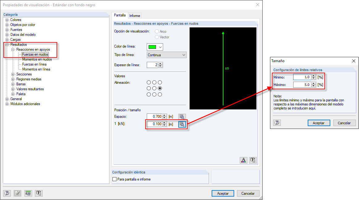Modificación de la configuración de los límites relativos para las fuerzas en nudos