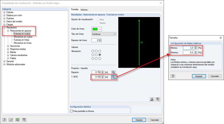 Modificación de la configuración de los límites relativos para las fuerzas en nudos
