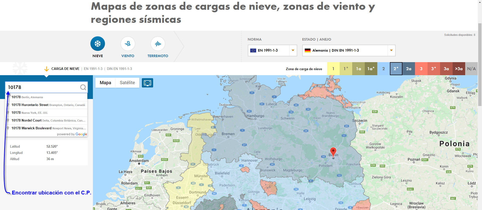 Encontrar la zona de carga de nieve y carga de nieve por el código postal (C.P)