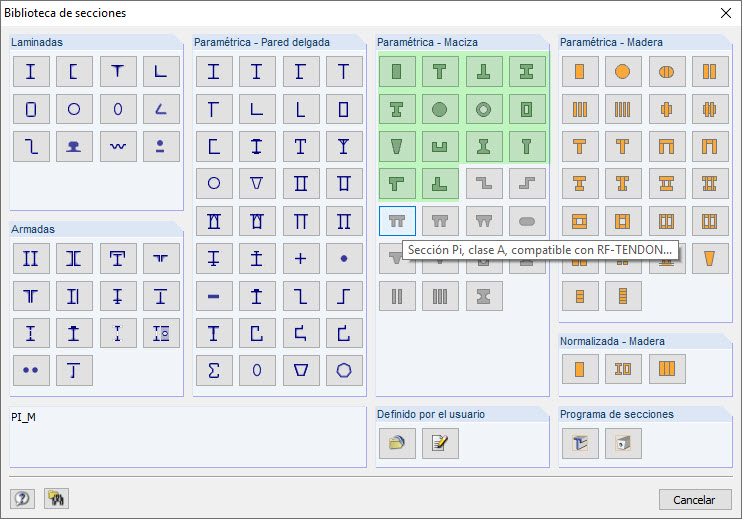 Biblioteca de secciones con información en pantalla