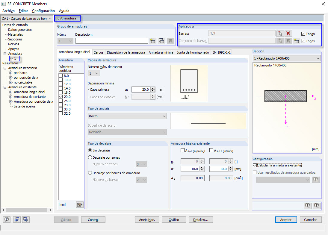 Definición de las barras para el cálculo