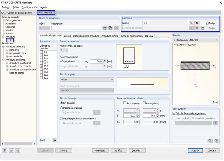 Definición de las barras para el cálculo