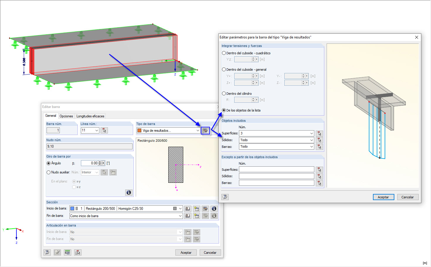 Definición de la viga de resultados