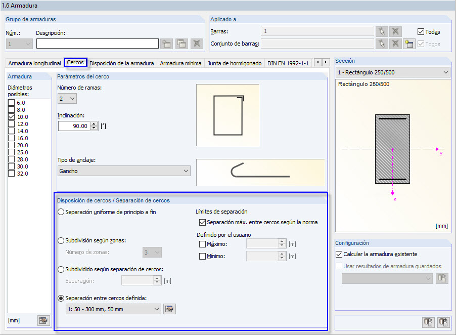 Opciones predeterminadas para la disposición de los estribos