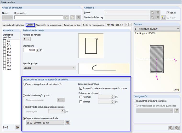 Opciones predeterminadas para la disposición de los estribos
