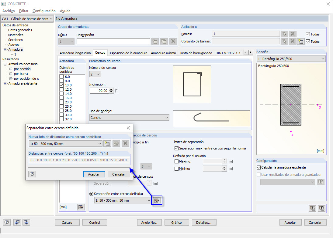 Botón y cuadro de diálogo "Separación entre cercos definida"