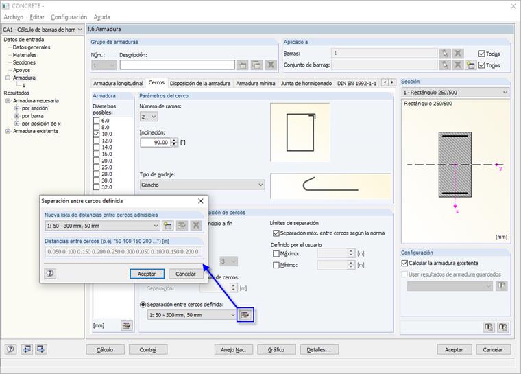 Botón y cuadro de diálogo "Separación entre cercos definida"
