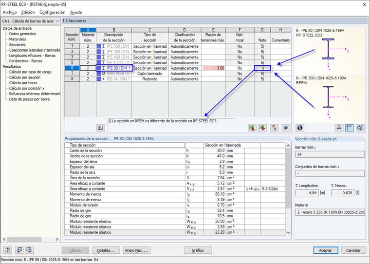 Diferentes secciones en RFEM y en el módulo adicional