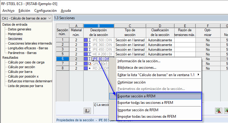 Exportación de la sección modificada a RFEM