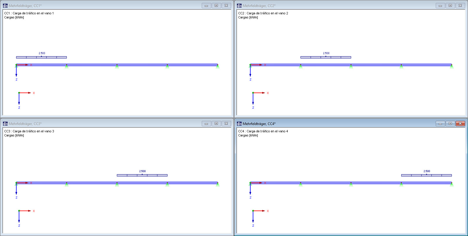 Casos de carga de vigas de tramos múltiples