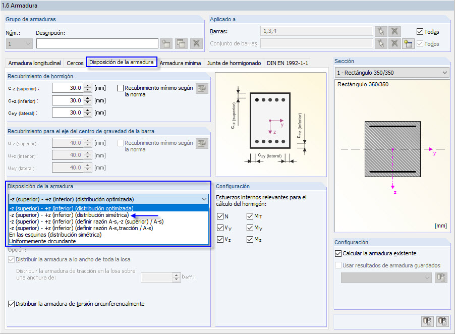 Definición de la disposición de la armadura