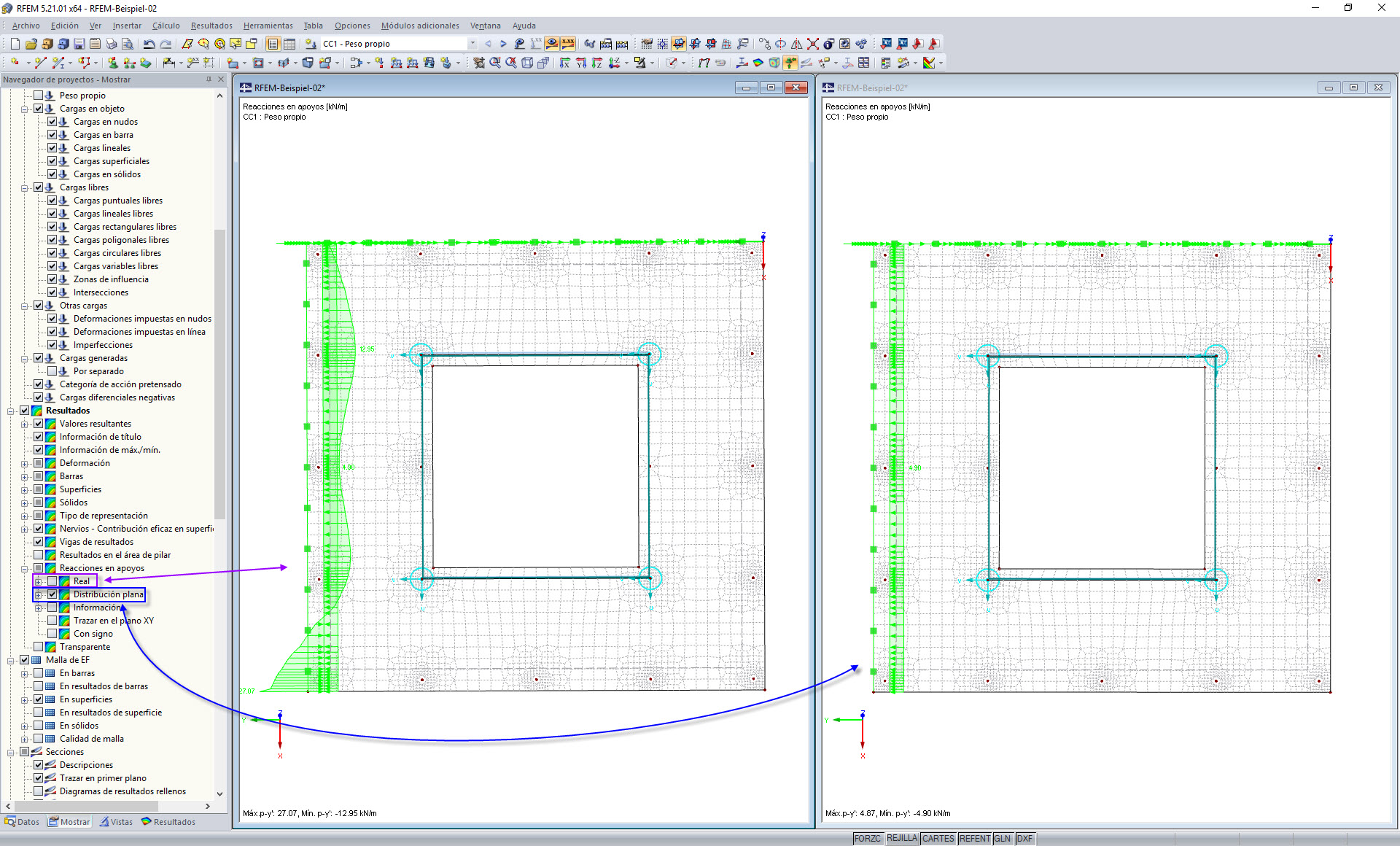 Selección de la distribución de las reacciones en el apoyo