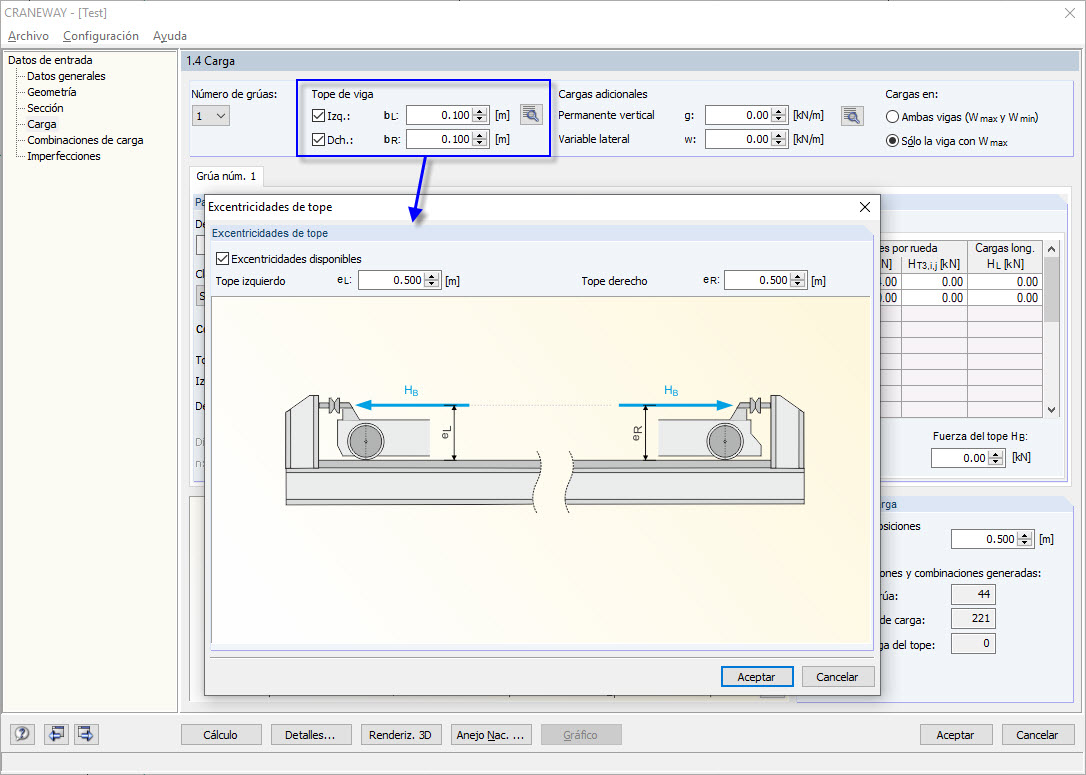 Definición de las distancias y excentricidades de los topes de viga