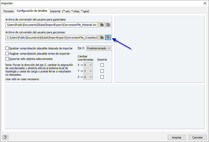 Archivo de conversión para secciones y materiales