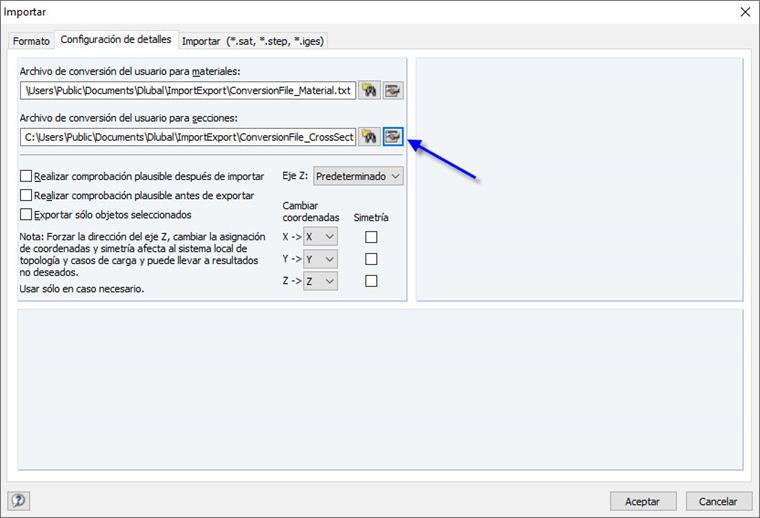 Archivo de conversión para secciones y materiales