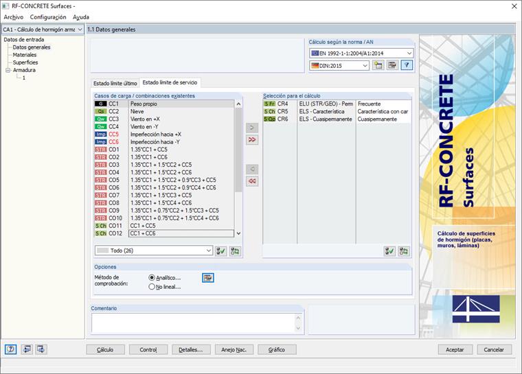Definición de casos y combinaciones de carga para el estado límite de servicio