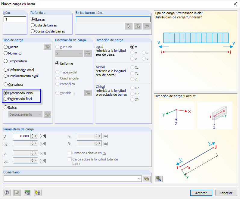 Carga en barra de "Pretensado"