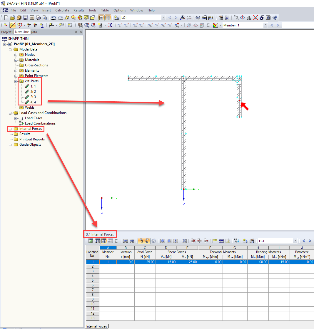 Esfuerzos internos y partes c/t para propiedades eficaces de la sección