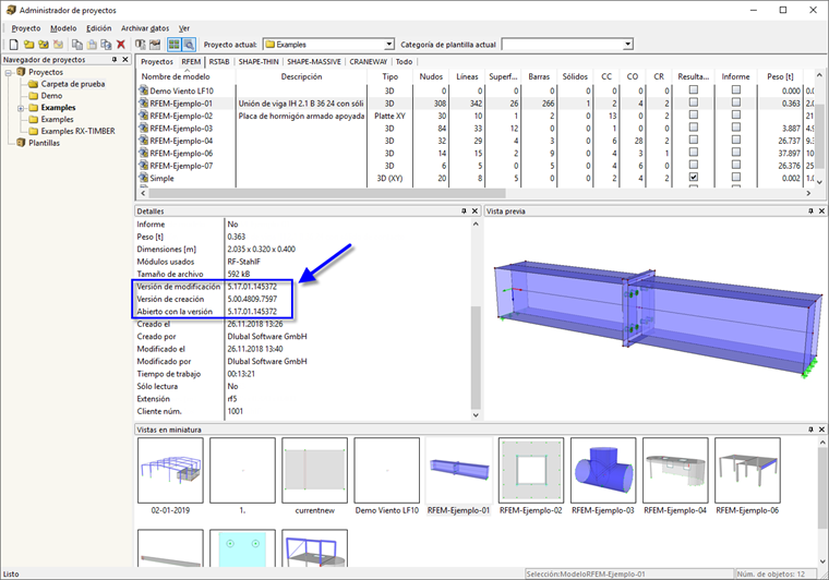 Versiones en el administrador de proyectos