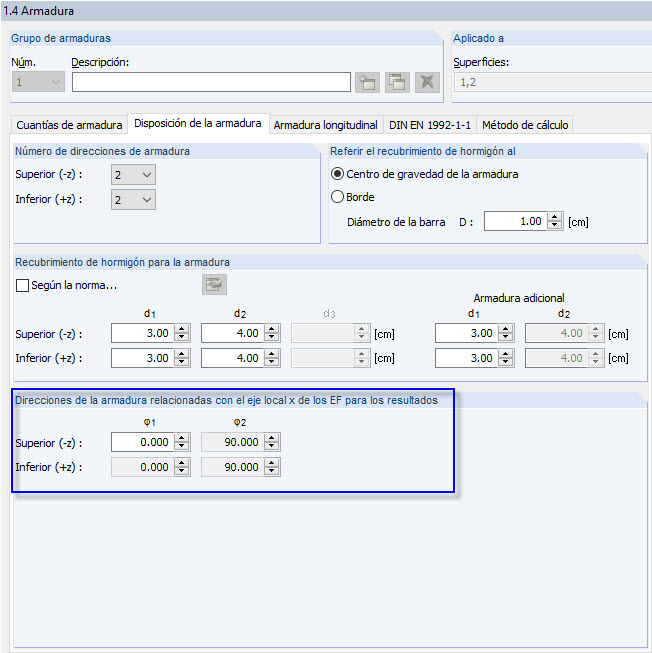 Ángulo entre las direcciones de la armadura para el cálculo analítico de ELS
