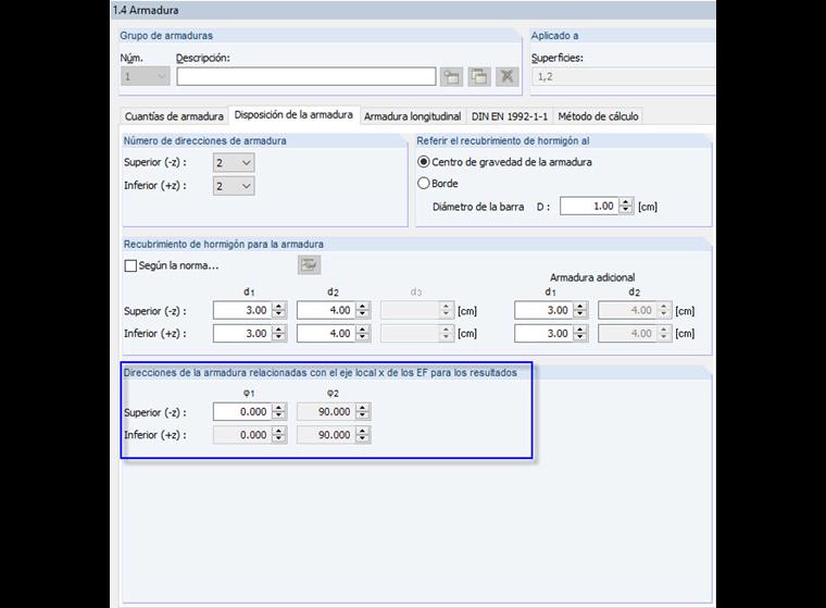 Ángulo entre las direcciones de la armadura para el cálculo analítico de ELS